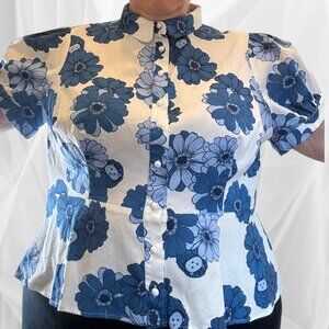 ModCloth x Collectif Blue Floral Peplum Blouse with Hedgehogs – Size 20